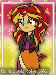 Size: 768x1024 | Tagged: safe, artist:rainbowstarcolour262, imported from derpibooru, part of a set, sunset shimmer, human, series:equ wallpapers, equestria girls, abstract background, clothes, cute, cutie mark background, cutie mark on clothes, female, green eyes, hand behind back, jacket, multicolored hair, part of a series, shimmerbetes, shirt, signature, skirt, solo