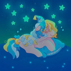 Size: 1440x1440 | Tagged: safe, artist:ariariari.png, imported from derpibooru, pillow talk (g1), earth pony, pony, blanket, eyes closed, g1, pillow, sleeping, solo