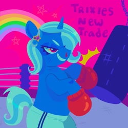 Size: 1440x1440 | Tagged: safe, artist:ariariari.png, imported from derpibooru, trixie, pony, unicorn, blood, boxers, boxing, boxing gloves, boxing ring, clothes, nosebleed, solo, sports, underwear