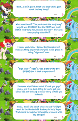 Size: 2045x3175 | Tagged: safe, imported from derpibooru, pipsqueak, rainbow dash, twist, earth pony, pegasus, pony, bandana, clothes, colt, dialogue, dialogue box, english, event, eyepatch, female, foal, gameloft, glasses, male, mare, mobile game, my little pony: magic princess, official, older twist, speech bubble, spread wings, stallion, text, wings