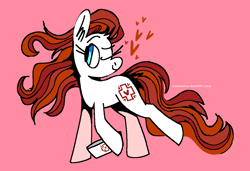 Size: 1316x900 | Tagged: safe, artist:msponies, imported from derpibooru, nurse redheart, earth pony, pony, female, floating heart, g4, hat, hatless, heart, mare, missing accessory, ms paint, nurse hat, one eye closed, pink background, raised hoof, raised leg, simple background, smiling, solo, tail
