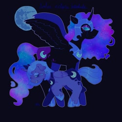 Size: 1440x1440 | Tagged: safe, artist:ariariari.png, imported from derpibooru, nightmare moon, princess luna, alicorn, pony, alternate versions at source, black background, crying, duo, ethereal mane, galaxy mane, mare in the moon, moon, s1 luna, simple background, spread wings, teardrop, wings