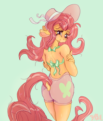 Size: 2700x3150 | Tagged: safe, artist:br0via, imported from derpibooru, fluttershy, anthro, clothes, dock, green background, hat, shorts, simple background, solo, tail