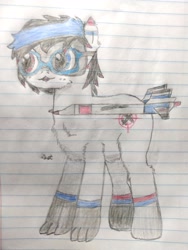 Size: 2448x3264 | Tagged: safe, artist:dust, derpibooru exclusive, imported from derpibooru, oc, oc only, oc:bashful interceptor, cat, cat pony, original species, plane pony, pony, colored, colored pencil drawing, cutie mark, glasses, lined paper, no tail, pencil drawing, plane, solo, traditional art