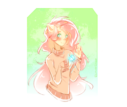 Size: 2668x2248 | Tagged: safe, artist:prettyshinegp, imported from derpibooru, fluttershy, anthro, pegasus, abstract background, blushing, clothes, female, wingless, wingless anthro