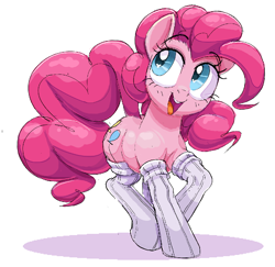 Size: 862x838 | Tagged: safe, artist:hattsy, pinkie pie, earth pony, pony, clothes, featured image, female, looking up, mare, raised hoof, simple background, socks, solo, white background