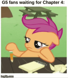 Size: 260x294 | Tagged: safe, imported from derpibooru, scootaloo, pegasus, pony, animated, bored, female, filly, foal, g4, gif, imgflip, meme, notebook, pencil, text