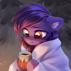 Size: 2912x2948 | Tagged: safe, artist:inowiseei, imported from derpibooru, oc, oc:pestyskillengton, pegasus, pony, blanket, female, food, forest, heterochromia, mare, solo, tea