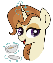 Size: 363x435 | Tagged: safe, artist:kleyime, cinnamon chai, unicorn, cup, female, food, magic, magic aura, mare, open mouth, open smile, simple background, smiling, solo, tea, teacup, white background