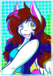 Size: 1423x2048 | Tagged: safe, artist:mscolorsplash, imported from derpibooru, oc, oc only, oc:color splash, anthro, pegasus, abstract background, breasts, busty oc, eyestrain warning, female, grin, looking at you, mare, pigtails, smiling, smiling at you, solo, twintails