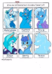 Size: 1423x2048 | Tagged: safe, artist:mscolorsplash, imported from derpibooru, trixie, horse, pony, unicorn, six fanarts, animal crossing, blue coat, blue mane, blueberry sundae (strawberry shortcake), bust, coat markings, colored eyebrows, colored hooves, colored pinnae, crossover, facial markings, female, frozen (movie), hatless, julian (animal crossing), looking at you, male, mare, missing accessory, monster high, nightmare (monster high), nokk, open mouth, open smile, reins, sheriff callie, simple background, smiling, smiling at you, snip (coat marking), sparky (sheriff callie), stallion, strawberry shortcake, text, tongue out, white background