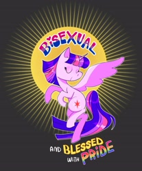 Size: 3289x3981 | Tagged: safe, artist:stevetwisp, imported from derpibooru, twilight sparkle, alicorn, pony, abstract background, bisexuality, female, flying, lgbt, mare, pride, solo, sun, text, twilight sparkle (alicorn)