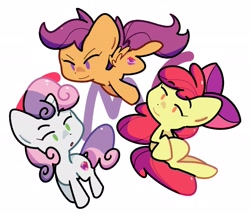 Size: 2793x2381 | Tagged: safe, artist:kindakismet, imported from derpibooru, apple bloom, scootaloo, sweetie belle, earth pony, pegasus, pony, unicorn, cutie mark crusaders, eyebrows, eyebrows visible through hair, female, filly, foal, high res, no pupils, no sclera, open mouth, simple background, small wings, smiling, spread wings, trio, trio female, white background, wings