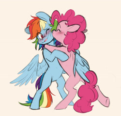 Size: 3744x3572 | Tagged: safe, artist:chub-wub, imported from derpibooru, pinkie pie, rainbow dash, earth pony, pegasus, pony, blushing, cheek kiss, duo, female, hug, kissing, lesbian, mare, pinkiedash, shipping, simple background, standing on two hooves, white background, winghug, wings