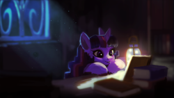 Size: 1920x1080 | Tagged: safe, artist:hierozaki, imported from derpibooru, twilight sparkle, firefly (insect), insect, pony, book, crepuscular rays, female, grin, lantern, mare, reading, smiling, solo, window