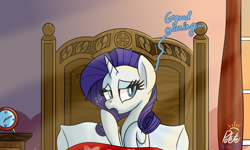 Size: 2500x1500 | Tagged: safe, artist:notadeliciouspotato, imported from derpibooru, rarity, pony, unicorn, alarm clock, bed, blanket, clock, crepuscular rays, daytime, dialogue, female, horn, indoors, mare, messy mane, morning ponies, nightstand, open mouth, pillow, signature, solo, speech bubble, sunrise, window, yawn