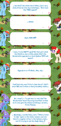 Size: 2045x4198 | Tagged: safe, imported from derpibooru, pipsqueak, rainbow dash, trixie, twist, earth pony, pegasus, pony, unicorn, bandana, brooch, cape, clothes, colt, dialogue, dialogue box, english, event, eyepatch, female, foal, gameloft, glasses, hat, jewelry, male, mare, mobile game, my little pony: magic princess, official, older twist, speech bubble, spread wings, stallion, text, trixie's cape, trixie's hat, wings