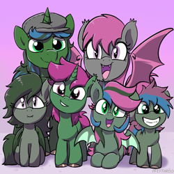 Size: 2220x2220 | Tagged: safe, artist:pfeffaroo, imported from derpibooru, oc, oc only, oc:aurora melody, oc:costal sunset, oc:fruitful melody, oc:melon rind, oc:rc, oc:shanty loch, bat pony, earth pony, pony, unicorn, colt, family photo, female, filly, foal, frc, gradient background, male, smiling, wings