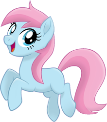 Size: 582x662 | Tagged: safe, artist:tankman, imported from derpibooru, oc, oc only, oc:water lilly, earth pony, pony, blue eyes, earth pony oc, female, happy, jumping, looking up, mare, missing cutie mark, mlp movie pony maker, open mouth, pink mane, pink tail, simple background, solo, tail, transparent background