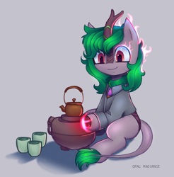 Size: 2800x2840 | Tagged: safe, artist:opal_radiance, imported from derpibooru, oc, oc only, oc:skywell, kirin, nirik, commission, cup, fire, food, gray background, mundane utility, simple background, solo, tea, teapot