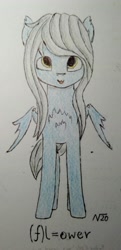 Size: 1574x3264 | Tagged: safe, artist:adamv20, imported from derpibooru, oc, oc:flower popen, bat pony, pony, robot, robot pony, chest fluff, cute, partially open wings, solo, traditional art, wings