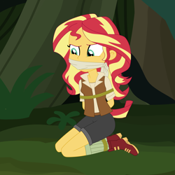 Size: 2000x2000 | Tagged: safe, artist:splendidbondage, imported from derpibooru, sunset shimmer, human, dance magic, equestria girls, spoiler:eqg specials, arm behind back, bondage, bound and gagged, cloth gag, gag, imagine spot, kneeling, rope, rope bondage, solo, tied up