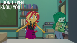 Size: 2000x1125 | Tagged: safe, edit, edited screencap, editor:quoterific, imported from derpibooru, screencap, sunset shimmer, trixie, wallflower blush, human, equestria girls, equestria girls series, forgotten friendship, :o, angry, backpack, duo focus, female, freckles, looking at someone, open mouth, sunset shimmer is not amused, trio, trio female, unamused, wallflower blush is not amused
