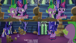 Size: 2000x1125 | Tagged: safe, edit, edited screencap, editor:quoterific, imported from derpibooru, screencap, spike, twilight sparkle, alicorn, dragon, the last problem, book, cardboard box, floppy ears, ladder, library, magazine, magic, sad, telekinesis, twilight sparkle (alicorn), twilight's castle, twilight's castle library, winged spike, wings