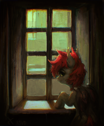 Size: 2400x2905 | Tagged: safe, artist:rvsd, imported from derpibooru, oc, oc only, oc:swaybat, bat pony, pony, bat pony oc, commission, looking at you, looking back, looking back at you, solo, window