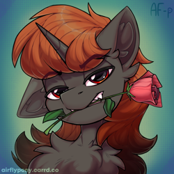 Size: 1500x1500 | Tagged: safe, artist:airfly-pony, imported from derpibooru, oc, oc only, oc:spirit fireheart, bust, chest fluff, ear fluff, flower, gradient background, male, one ear down, portrait, rose, solo