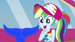 Size: 1139x640 | Tagged: safe, edit, edited screencap, editor:incredibubbleirishguy, imported from derpibooru, screencap, rainbow dash, mermaid, equestria girls, equestria girls series, spring breakdown, spoiler:eqg series (season 2), 1000 years in photoshop, cap, cute, dashabetes, excited, exposed belly, fish tail, front knot midriff, hat, mermaid tail, mermaidized, midriff, ponytail, species swap, tail, transformation