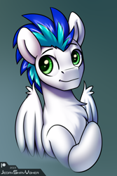 Size: 2000x3000 | Tagged: safe, artist:jedayskayvoker, imported from derpibooru, oc, oc only, oc:hurrcio, pegasus, pony, bust, chest fluff, cute, folded wings, gradient background, green eyes, hooves, icon, male, patreon, patreon reward, pegasus oc, portrait, smiling, solo, stallion, wing fluff, wings