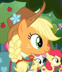 Size: 961x1117 | Tagged: safe, imported from derpibooru, screencap, apple bloom, applejack, scootaloo, sweetie belle, earth pony, pegasus, pony, unicorn, the big mac question, alternate hairstyle, apple, braid, clothes, cropped, dress, food, formal wear, gown, hat, pear, sweet apple acres, tree