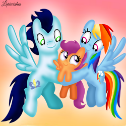 Size: 1400x1400 | Tagged: safe, artist:mlplary6, imported from derpibooru, rainbow dash, scootaloo, soarin', pegasus, pony, carrying, female, filly, flying, foal, gradient background, looking at each other, looking at someone, male, mare, scootalove, shipping, sibling love, siblings, sisters, sky, smiling, smiling at each other, soarindash, stallion, straight, sunset