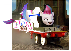 Size: 2100x1500 | Tagged: safe, edit, edited screencap, editor:allahda, imported from derpibooru, screencap, zipp storm, pegasus, pony, 1000 hours in ms paint, bad edit, g5, real life background, thomas the tank engine, train, wings