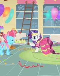 Size: 632x793 | Tagged: safe, imported from derpibooru, screencap, cup cake, rarity, earth pony, pony, unicorn, a bird in the hoof, alternate hairstyle, angry, annoyed, balloon, beautiful, clothes, cropped, cupcake, dress, food, gala dress, jewelry, party, sugarcube corner, table, tiara, tray