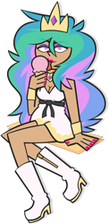Size: 4550x9360 | Tagged: safe, artist:threetwotwo32232, imported from derpibooru, princess celestia, human, boots, clothes, crown, dark skin, dress, eyebrows, eyebrows visible through hair, eyeshadow, food, humanized, ice cream, jewelry, licking, lipstick, looking at you, makeup, nail polish, regalia, shoes, simple background, solo, tongue out, transparent background