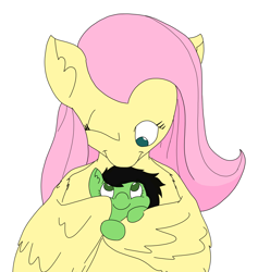 Size: 4289x4531 | Tagged: safe, artist:ponny, imported from derpibooru, fluttershy, oc, oc:filly anon, earth pony, pegasus, cuddling, female, filly, foal, hug, looking at each other, looking at someone, looking down, looking up, mare, one eye closed, simple background, white background, winghug, wings, wink