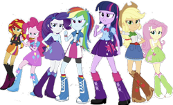 Size: 1080x658 | Tagged: safe, edit, edited screencap, editor:incredibubbleirishguy, imported from derpibooru, screencap, applejack, fluttershy, pinkie pie, rainbow dash, rarity, sunset shimmer, twilight sparkle, equestria girls, rainbow rocks, angry, background removed, backpack, cookie, female, food, humane five, humane seven, humane six, mouth hold, simple background, the rainbooms, transparent background