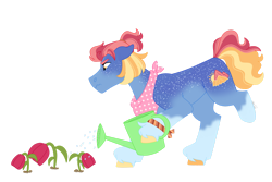 Size: 1280x854 | Tagged: safe, artist:itstechtock, imported from derpibooru, oc, oc only, oc:sunrise starshine, earth pony, pony, body freckles, butt freckles, female, flower, freckles, mare, simple background, solo, transparent background, unshorn fetlocks, watering can