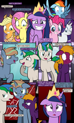 Size: 1920x3168 | Tagged: safe, artist:alexdti, imported from derpibooru, applejack, fluttershy, pinkie pie, rainbow dash, rarity, twilight sparkle, oc, oc:brainstorm (alexdti), oc:purple creativity, oc:star logic, alicorn, pegasus, pony, unicorn, comic:quest for friendship, the last problem, crown, jewelry, mane six, older, older twilight, princess twilight 2.0, regalia, twilight sparkle (alicorn)