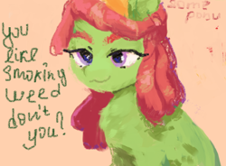 Size: 712x524 | Tagged: safe, artist:some_ponu, imported from derpibooru, tree hugger, earth pony, pony, drugs, female, mare, marijuana, ms paint, solo, text