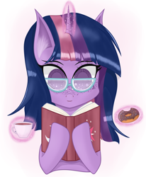 Size: 3080x3740 | Tagged: safe, artist:krymak, imported from derpibooru, twilight sparkle, pony, book, coffee, donut, female, food, freckles, glasses, glowing, glowing horn, horn, mare, reading, simple background, smiling