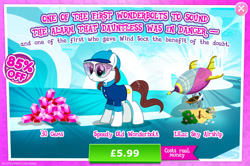 Size: 1958x1297 | Tagged: safe, imported from derpibooru, earth pony, pony, advertisement, airship, bush, clothes, costs real money, english, female, gameloft, gem, glasses, hat, mare, mobile game, my little pony: magic princess, numbers, official, sale, shirt, solo, text, unnamed character, unnamed pony