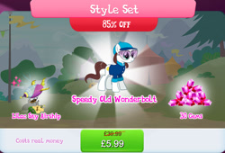 Size: 1261x858 | Tagged: safe, imported from derpibooru, earth pony, pony, airship, bundle, bush, clothes, costs real money, english, female, gameloft, gem, glasses, hat, mare, mobile game, my little pony: magic princess, numbers, official, sale, shirt, solo, text, unnamed character, unnamed pony