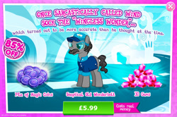 Size: 1965x1302 | Tagged: safe, imported from derpibooru, earth pony, pony, advertisement, clothes, costs real money, english, facial hair, gameloft, gem, glasses, hat, magic coins, male, mobile game, moustache, my little pony: magic princess, numbers, official, sale, shirt, solo, stallion, text, unnamed character, unnamed pony