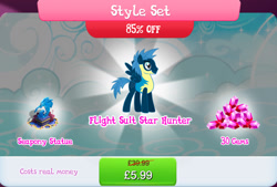 Size: 1267x857 | Tagged: safe, imported from derpibooru, star hunter, pegasus, pony, bundle, bush, clothes, costs real money, english, flight suit, gameloft, gem, male, mobile game, my little pony: magic princess, numbers, official, sale, solo, spread wings, stallion, statue, text, wings