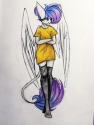 Size: 810x1080 | Tagged: safe, artist:anastas, imported from derpibooru, oc, oc only, oc:amethyst dawn, anthro, pegasus, pony, blue eyes, blue hair, blue tail, clothes, crossed arms, embarrassed, eyelashes, eyeliner, female, gradient hair, looking away, makeup, purple hair, purple tail, shirt, simple background, socks, solo, spread wings, standing, stocking feet, stockings, t-shirt, tail, thigh highs, traditional art, white coat, wings