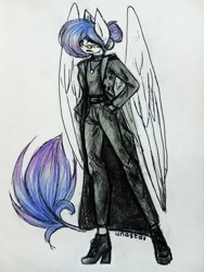 Size: 1620x2160 | Tagged: safe, artist:anastas, imported from derpibooru, oc, oc only, oc:amethyst dawn, anthro, pegasus, pony, angry, belt, black coat, blue eyes, blue hair, blue tail, boots, clothes, ear piercing, earring, eyelashes, eyeliner, female, glasses, gradient hair, hand in pocket, jewelry, makeup, necklace, pants, piercing, purple hair, purple tail, shoes, simple background, solo, spread wings, tail, traditional art, trenchcoat, white coat, wings