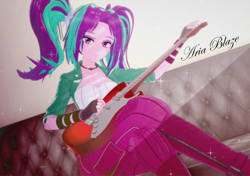 Size: 1532x1080 | Tagged: safe, artist:stellarwools, imported from derpibooru, aria blaze, equestria girls, guitar centered, 3d, beautiful, clothes, couch, crossed legs, electric guitar, female, guitar, koikatsu, looking at you, musical instrument, pigtails, twintails